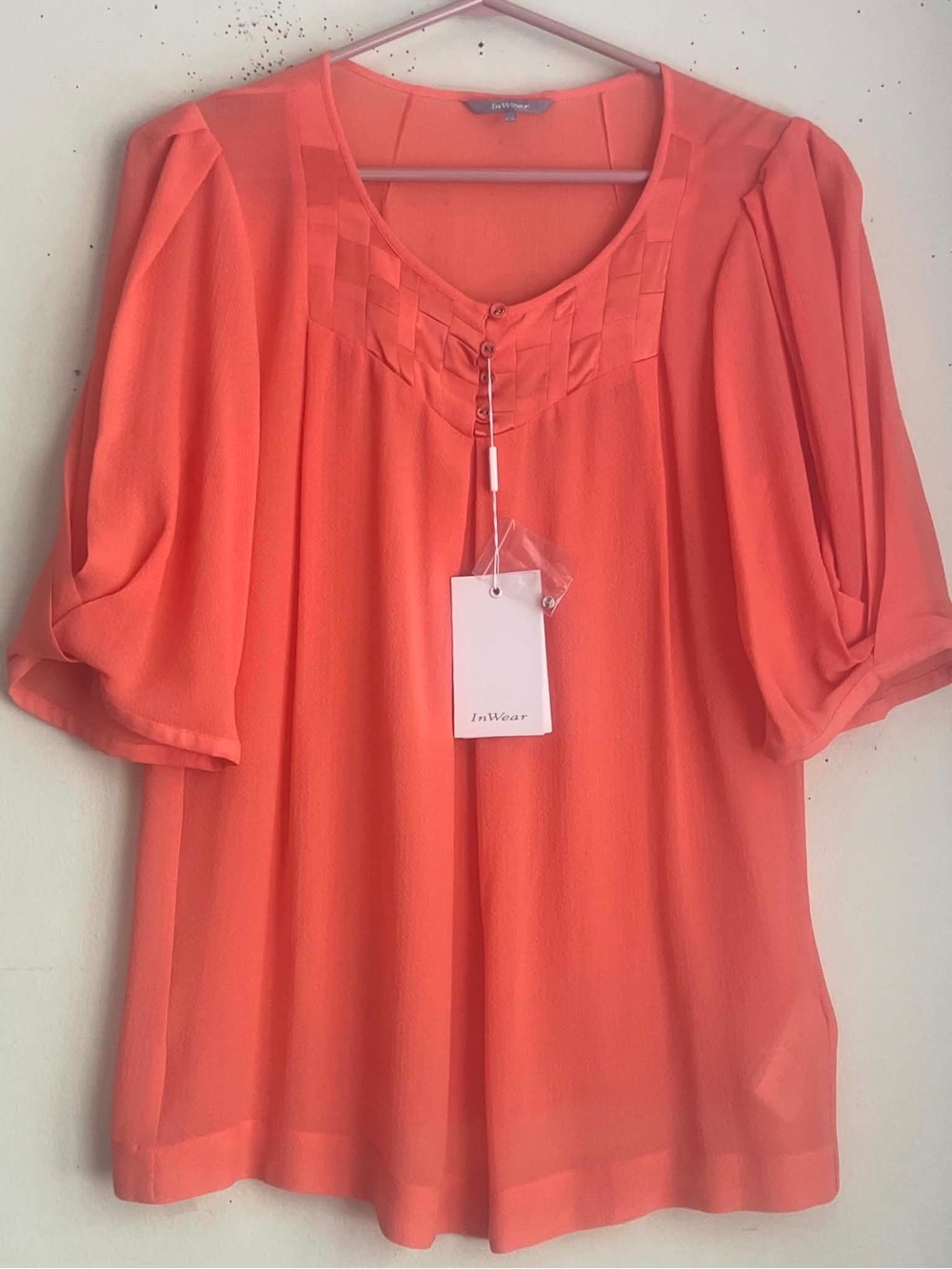 InWear Coral Orange Pleated Silk Short-Sleeve Blouse